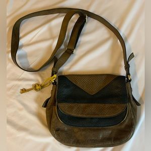 Fossil Leather Green and Black Double Flap Crossbody Purse